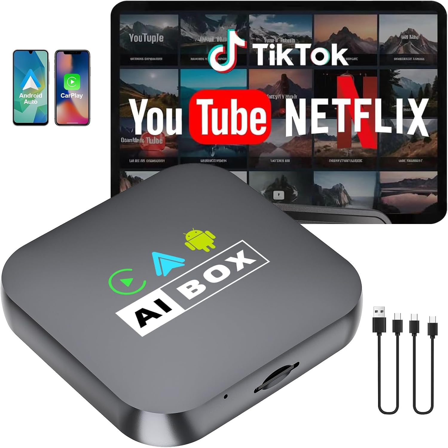 2-in-1 Wireless CarPlay Adapter & Android Auto Adapter with Netflix/YouTube/Tiktok, Mini Car Play Wireless Adapter for iPhone, Plug & Play Magic AI Box Fit for Cars with Wired CarPlay/Android Auto
