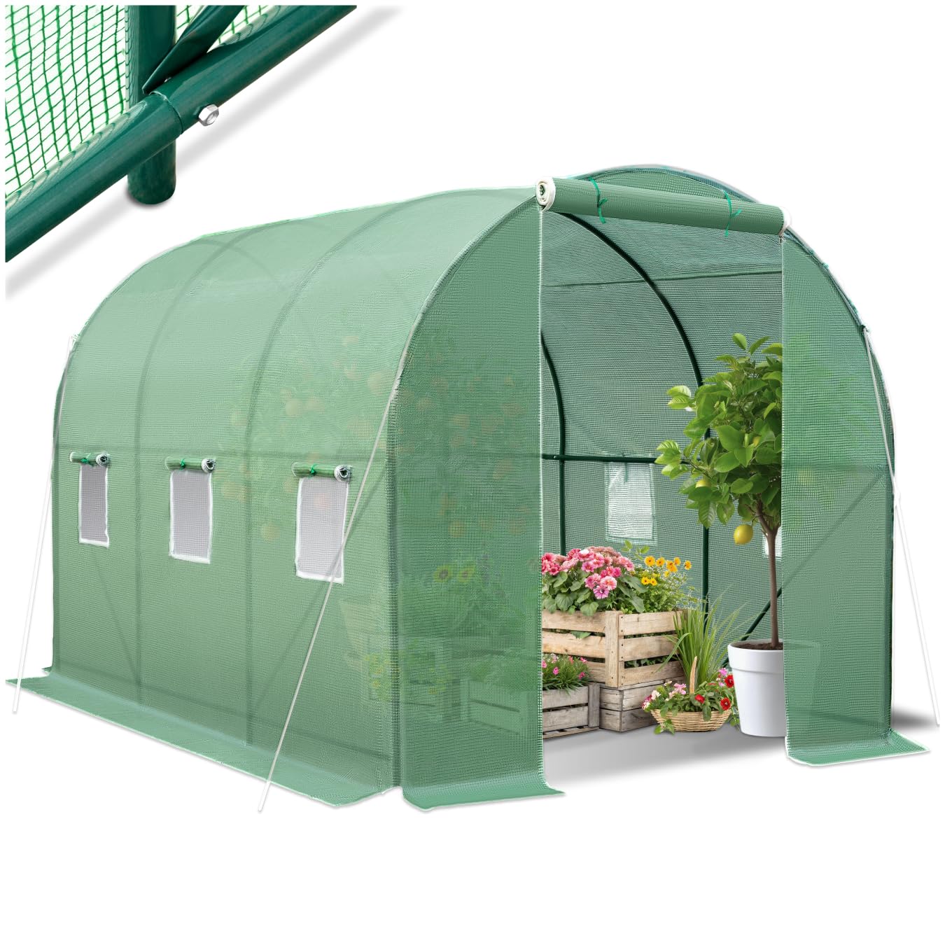 tectake® Invernadero Exterior Tipo Túnel y 6 Ventanas, Cubierta de PE contra UVA y Antiescarcha, Invernadero Terraza 343x200x200cm, Caseta Jardin Exterior con Mosquitera, Cuerdas Tensoras y Piquetas