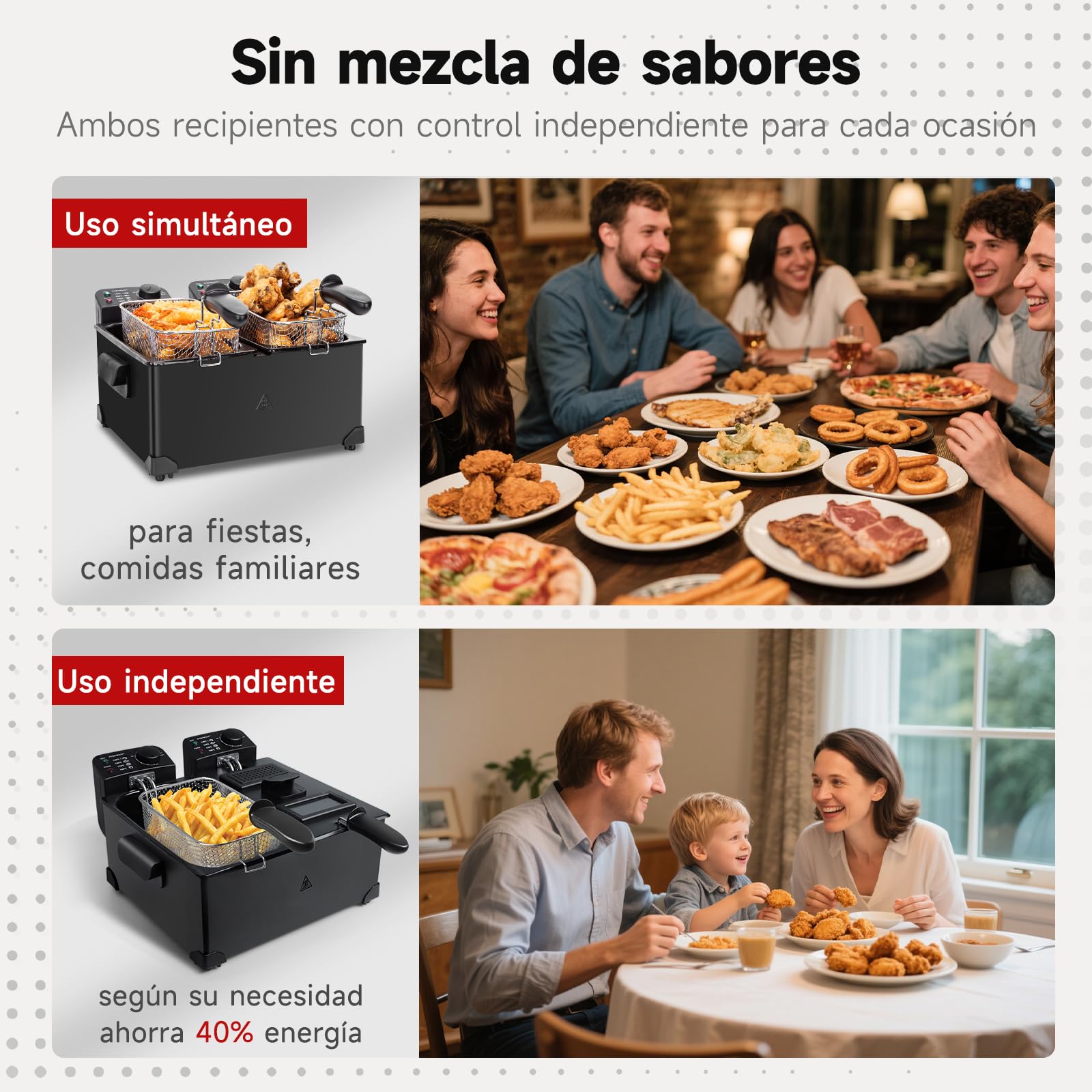 Aigostar Feast - Freidora 6L (2x3L) Acero Inoxidable, 3600W, Termostato Ajustable (90-190°C), Tapas con Ventana, Filtro de Humo, Asas Desmontables, Automático, Esmaltado, Libre de BPA