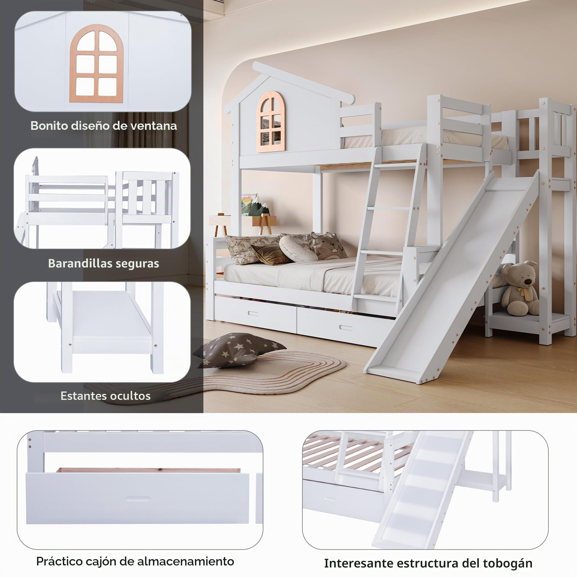 Moimhear litera con ventanas características y escalera basculante de cuatro niveles, cama para niños y madre con tobogán, con dos cajones, estructura de cama de madera maciza, color blanco, 90x200 y