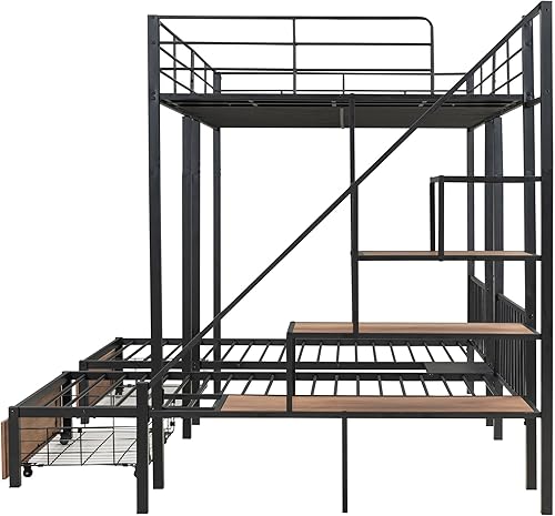 Miniatura 128 de Litera triple de metal, tamaño matrimonial XL sobre individual XL sobre tamaño Queen, elegante base de cama triple con seguridad garantizada para