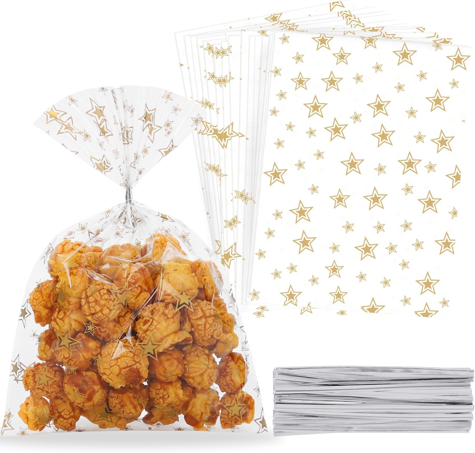 Khazna Star Goodie Bags Gift Wrap Cello Cellophane Treat Bags Party Favor Bags 100 Pcs 5"X 7", Clear Candy Cookie Bags Plastic Poly Goodie Storage Bags with Twist Ties for Bakery, Birthday, Wedding