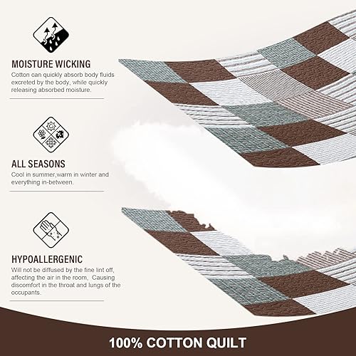 Miniatura 4 de Y-PLWOMEN Juego de edredón tamaño Queen, edredón 100% algodón Queen, juego de edredón de retazos a cuadros de retazos marrón, verde y blanco, colcha