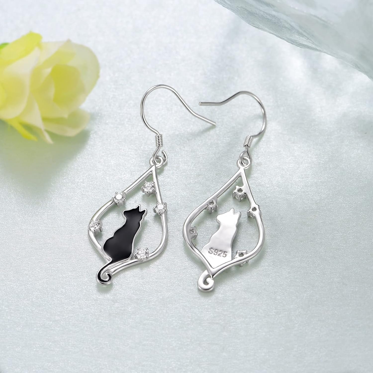 Black Cat Earrings 925 Sterling Silver Cute Black Cat Dangle Earrings for Cat Lovers Black Cat Gifts for Women - Image 3