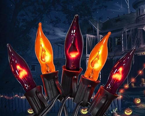 PASUTO Luces de Halloween naranjas y moradas, tira de luces de llama parpadeante, 12.8 pies, para interiores y exteriores, luces de Halloween C7,