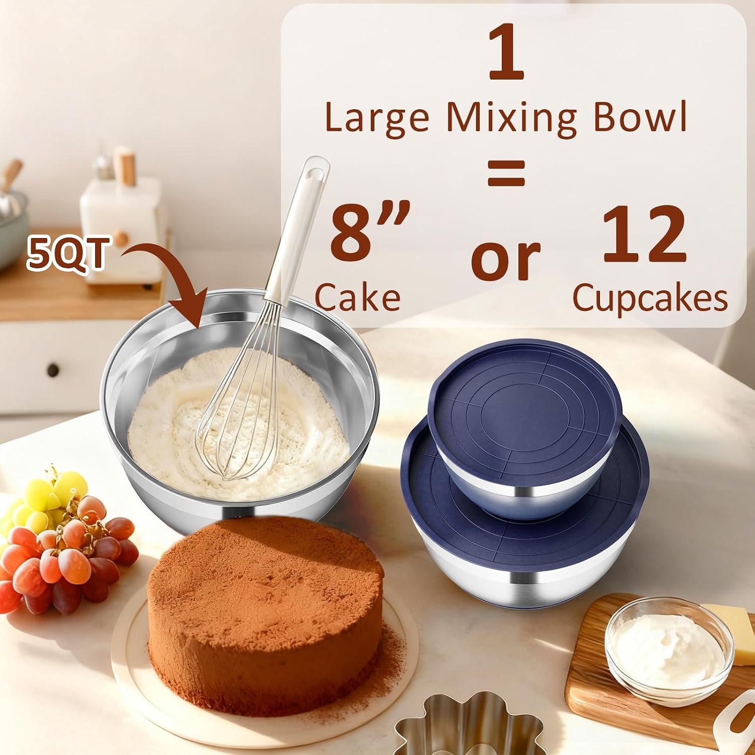 9 Pack Mixing Bowls with Airtight Lids Set, Stainless Steel Mixing Bowls with Grater Attachments, Nesting Kitchen Bowl Set with Non-Silp Bases, Size 5, 4, 3, 2, 1.5,1QT, Navy Blue