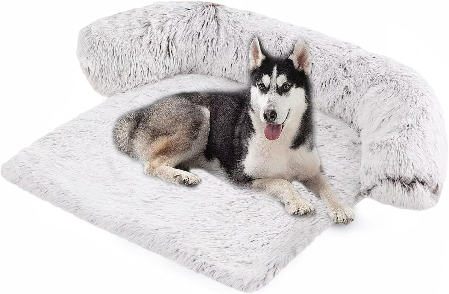 huraty Fluffy Dog Calming Bed Faux Fur Pet Couch Protector Furniture Sofa Cushion with Neck Bolster Removable Cover (Coffee, S)