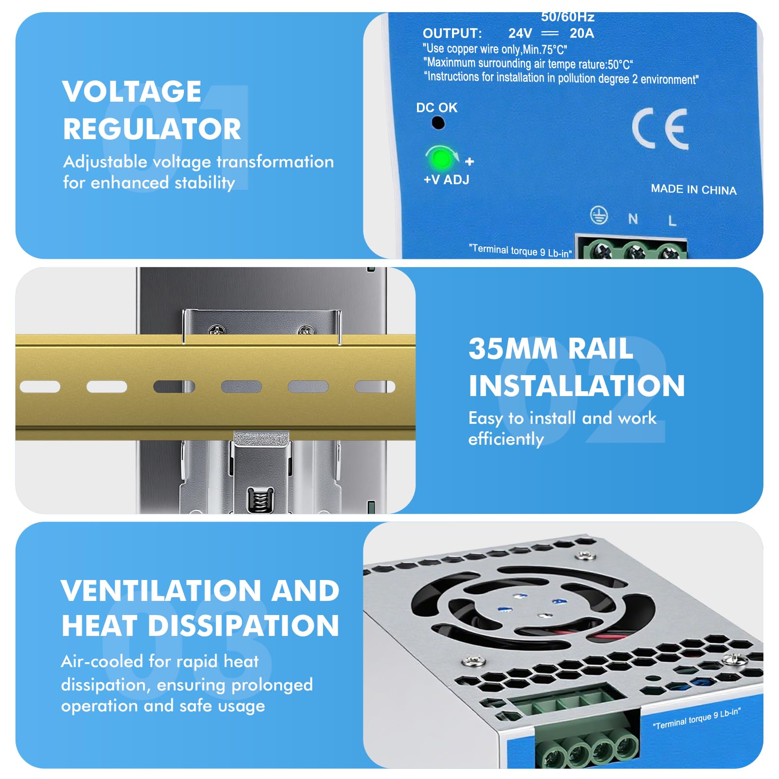 Fuente alimentacion 24V carril din de 480W Transformador 220v a 24v Entrada CA 100-240V 5,3A Salida CC 24-v 20A Múltiples funciones de protección Modelo industrial NDR-480-24V.