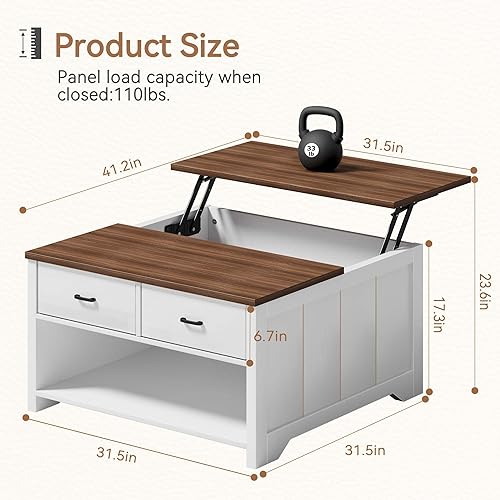 Miniatura 2 de Mesa auxiliar elevable, mesa de té de madera con gran almacenamiento abierto, mesas de centro cuadradas para sala de estar, mesas de café rústicas