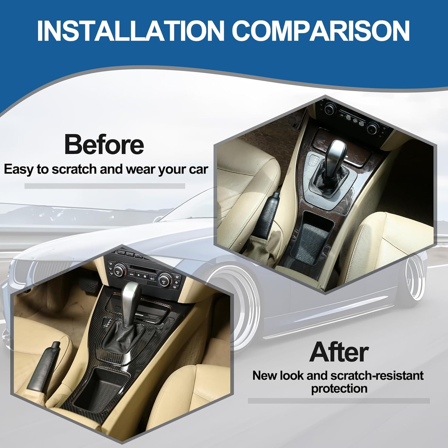 Car Center Console Gear Shift Panel Cover Compatible with BMW 3 Series 2005-2012 E90 E92,ABS Control Gear Box Shift Knob Panel Frame Molding Cover Interior Accessories 2PCS (Carbon Fiber Pattern)