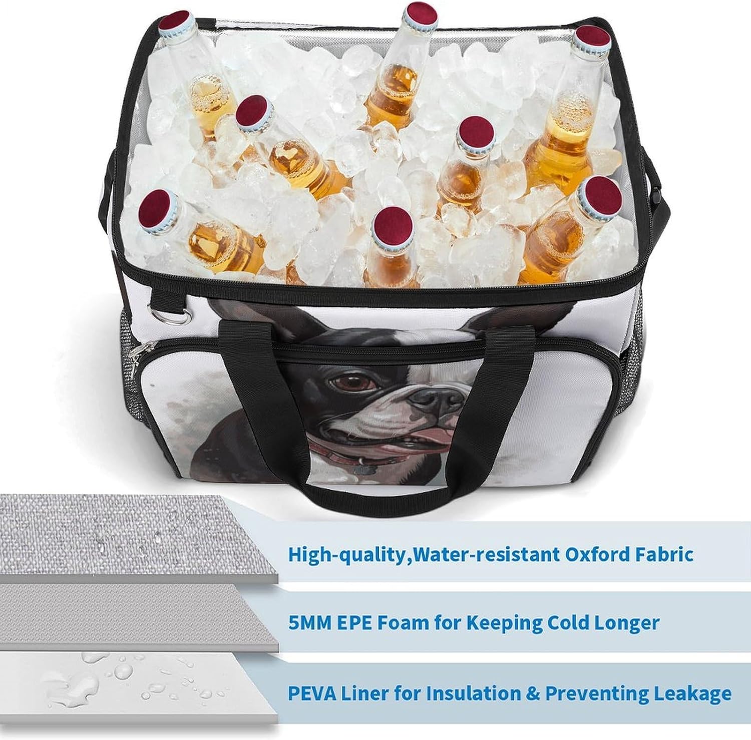 Insulated Picnic Backpack Tote Bag, Large Capacity 30L Boston Terrier Cooler Bag Leakproof Beach Bags Portable Lunch Box Waterproof Picnic Basket for Beach Camping BBQ