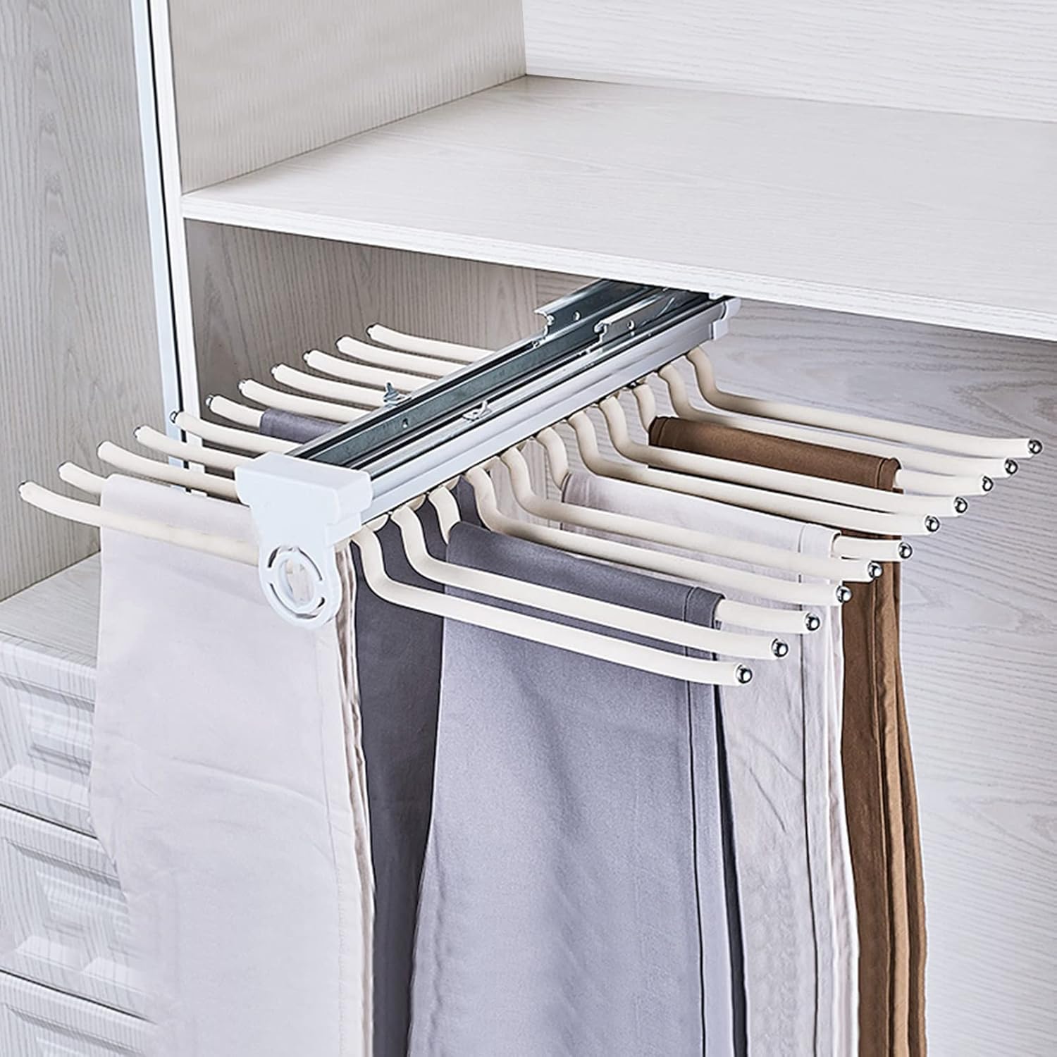 Pull Out Trousers Rack 22 Arms, Damping Buffer Pants Hangers Jeans Hangers Clothes Organizers, for Space Saving and Storage Maximum Load 33lbs, 45.8x58.8cm/18.03x23.15in (Color : Beige)