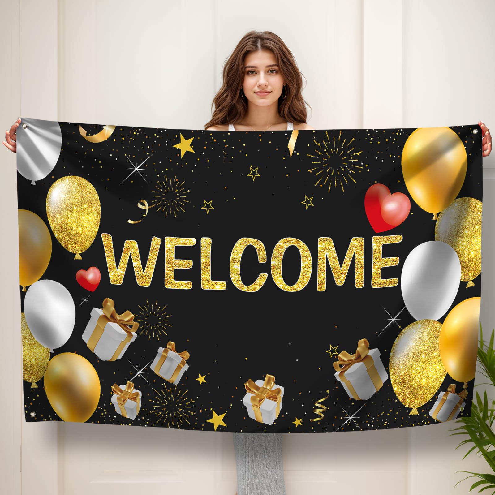 Koliphy Welcome Decorations, Welcome Banner for Welcome Home Family Celebration, Welcome Back to School, Classroom, Family Party Decoration(Black Gold)