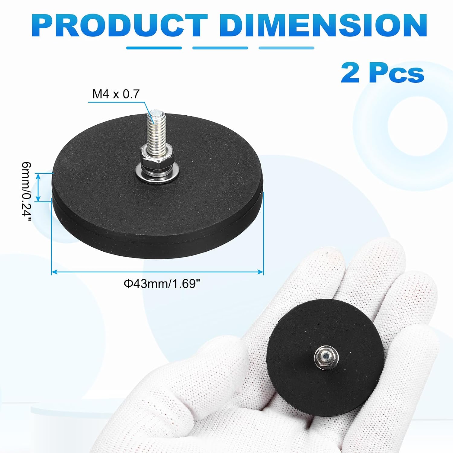 MECCANIXITY 2 Pcs 1.7" Dia Rubber Coated Magnets, 19LBS Anti-Scratch Flag Magnet Base with M4 Male Threaded Studs and Nut Magnets Holder for Camera Light Bar Mirror Tool