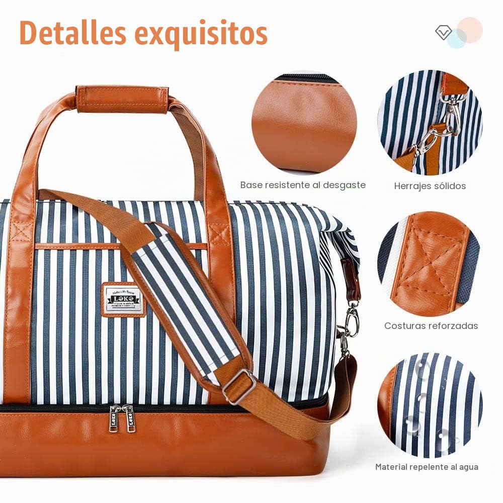 Bolsa de Viaje Mujer 50L,Grande Weekender Bag Doble con Compartimento Impermeable Separado,Equipaje de Mano Bolsa Maternidad Hospital con 1 Neceser y 2 Bolsas Zapatos - Rayas