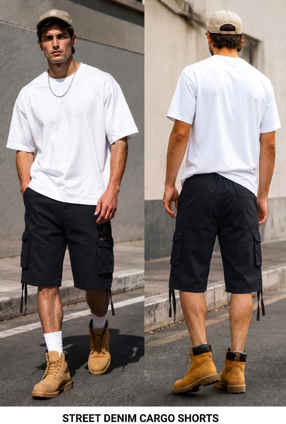 Heyfanee Mens Cargo Jean Shorts Relaxed Fit Below Knee Length Work Jorts Elastic Waist