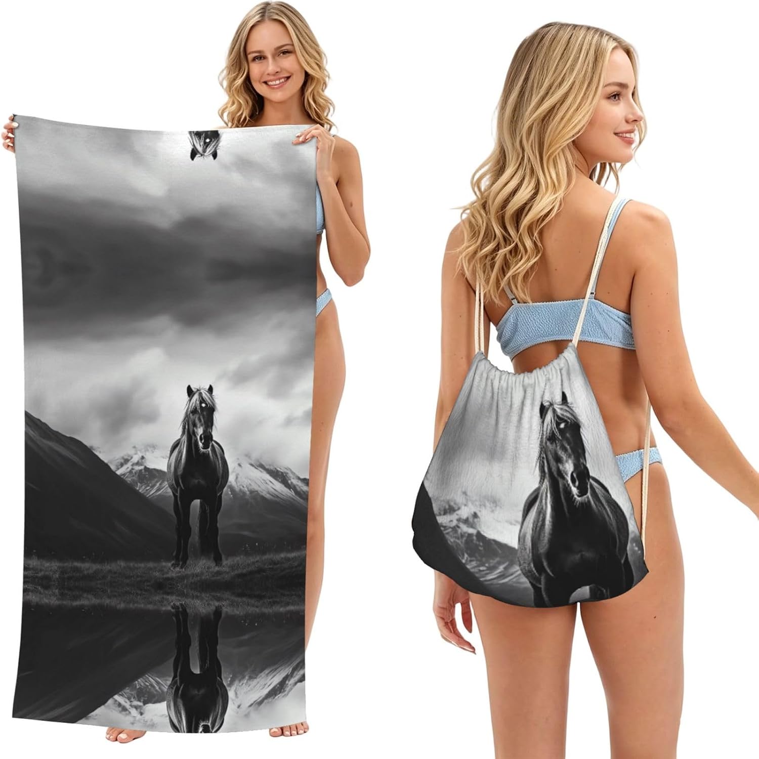 2 in 1 Packable Towel Bag,Soft Absorbent Pool Towels Backpack Quick Dry Lightweight Beach Towels Horse On Mountain Drawstring Bag for Travel Camping Sports Picnic