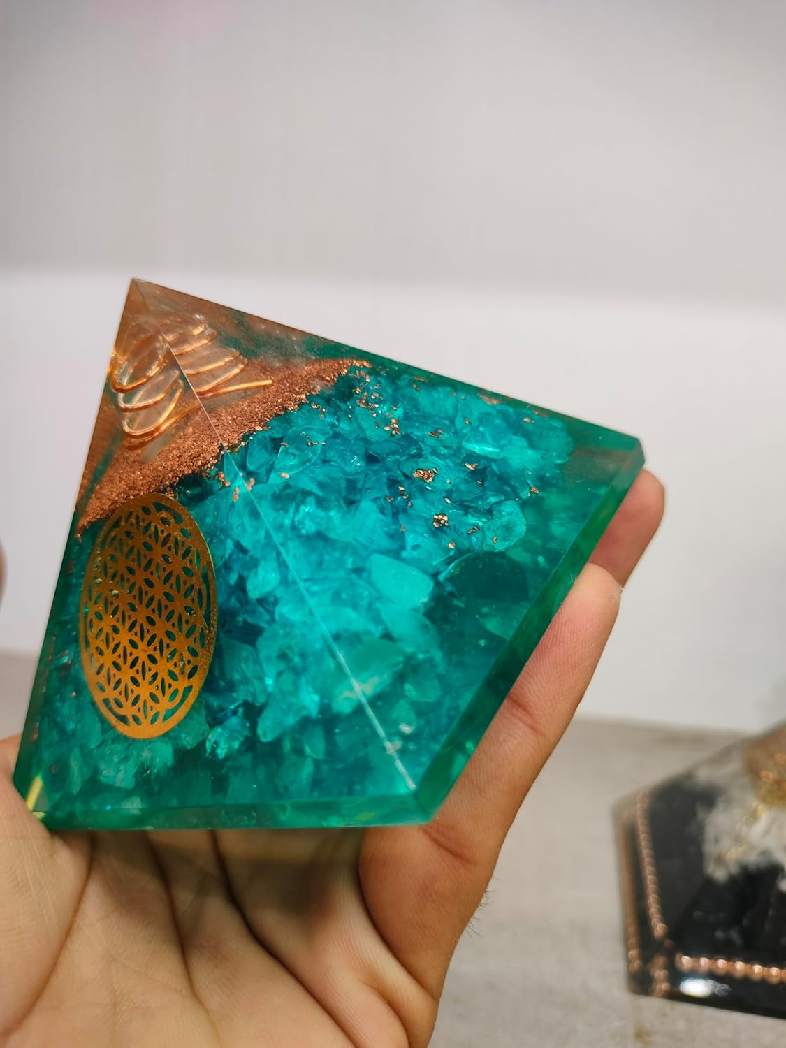 Blue Aquamarine Orgone Pyramid – EMF Protection & Positive Energy | Healing Crystal Pyramid for Anxiety Relief, Meditation & Reiki