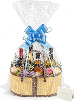 5 Set Empty Gift Baskets, Large Natural Bamboo Woven Basket with Handles, Foldable Oval Basket with Gift Bags, Ribbons & Cards for Baptism, Christmas, Housewarming, Wedding
