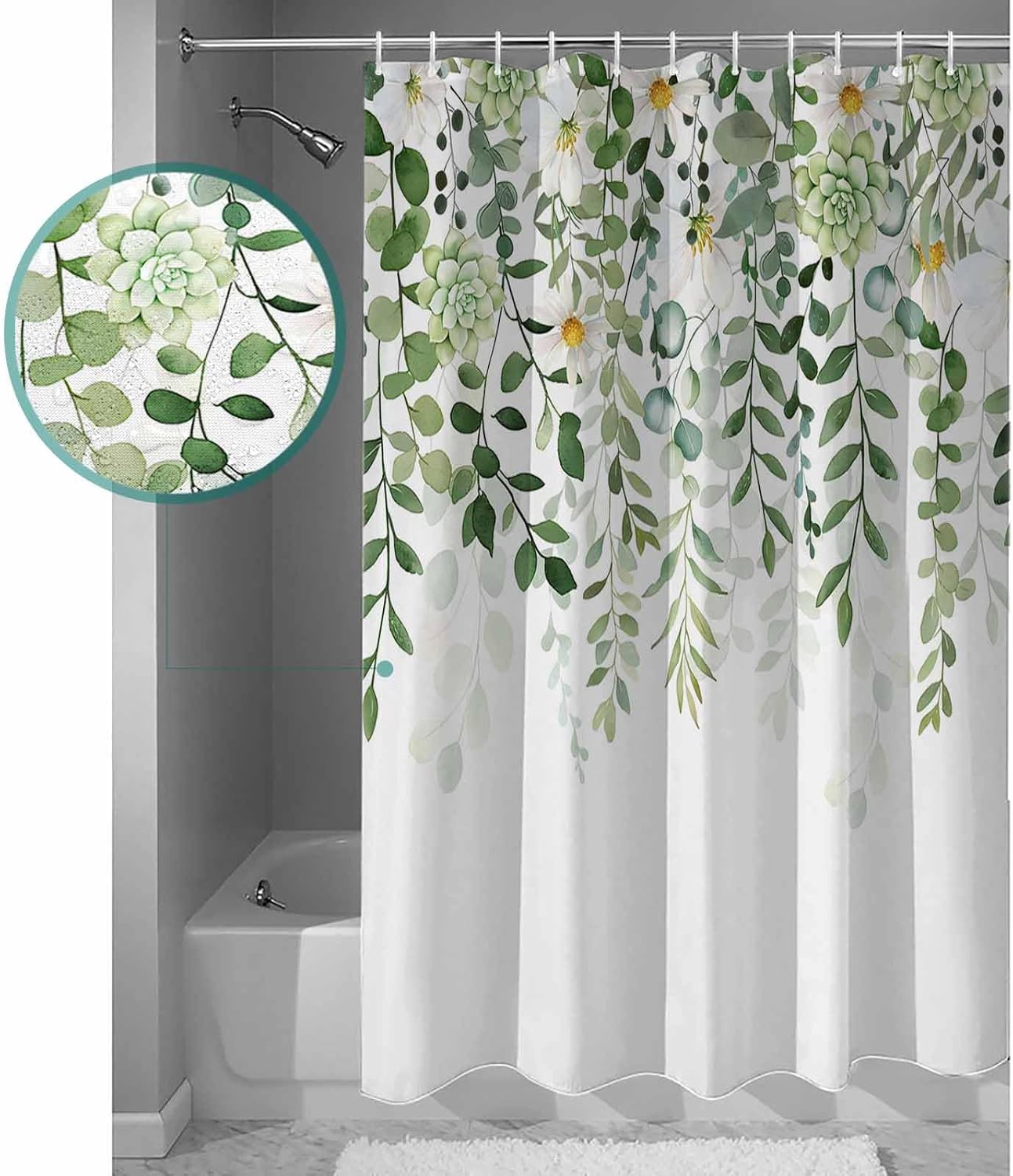 Shower Curtain, Watercolor Eucalyptus Leaves Flowers Waterproof Shower Curtain Set with Hooks for Bathroom Showers,Stalls and Bathtubs,72x72In Farmhouse Plant
