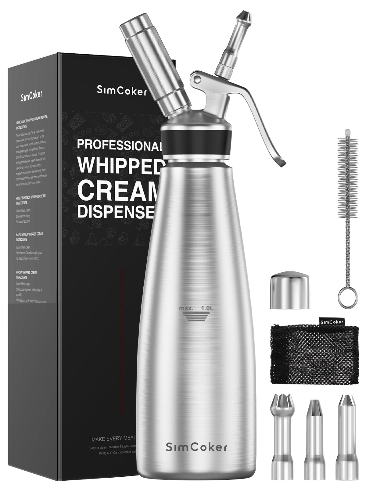 Dispenser professionale per panna montata, 1000 ml, in acciaio inox, set con 3 ugelli decorativi, 1 pennello, 1 custodia, macchina per panna montata senza caricabatterie N2O