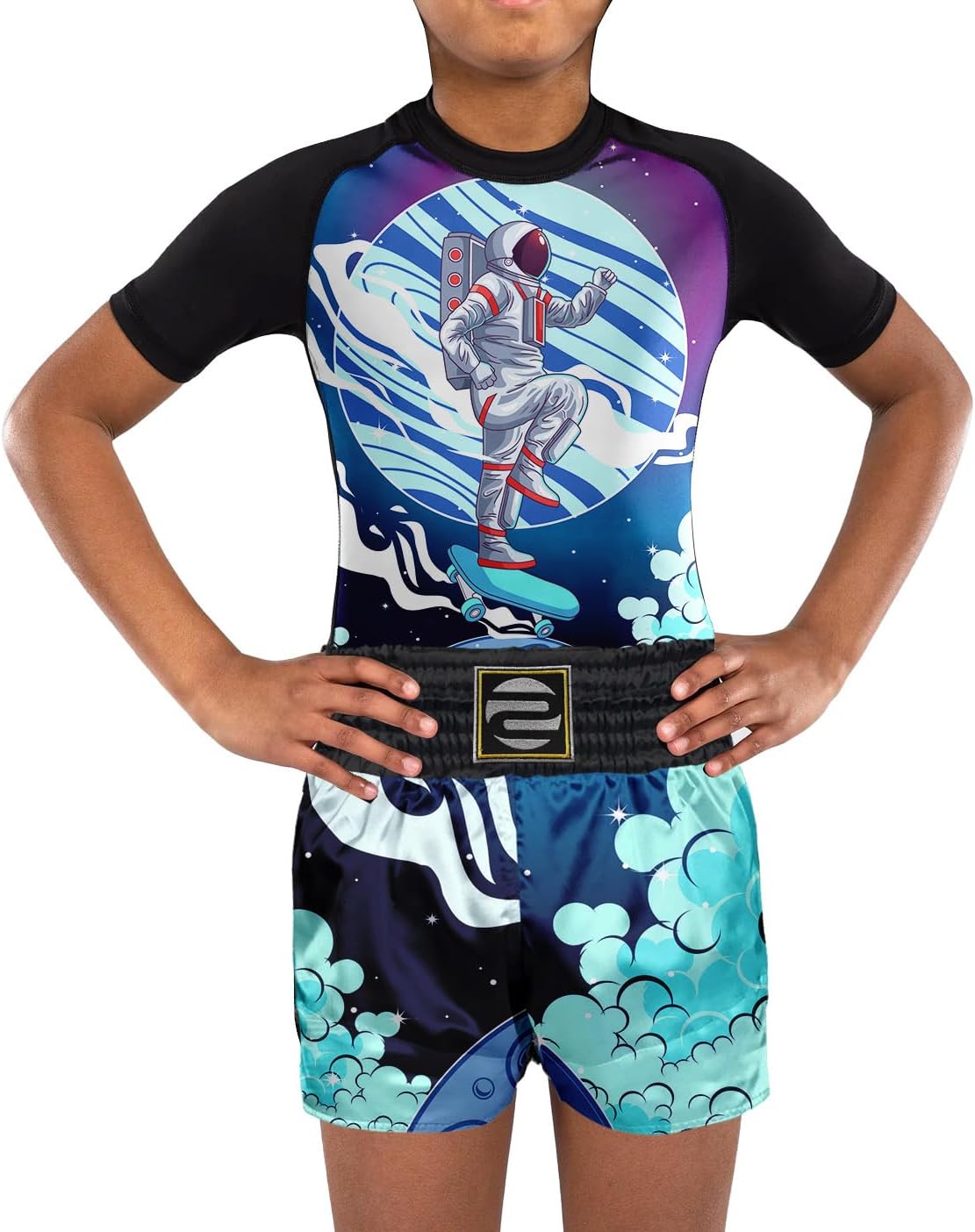 O2TEE Kids Astronaut Fun Space BJJ Rash Guard Boxing Shorts MMA Sports Suit