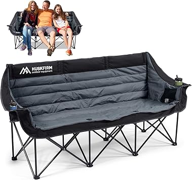 Huskfirm 3 Person Camping Chairs Folding Double Camping Chair Portable Oversized Loveseat Padded ...