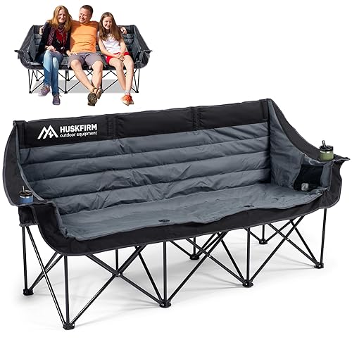 3 Person Camping Chairs Folding Double Camping Chair Portable Oversized Loveseat Padded Camp Chair Heavy Duty Camping Couch for Adults Outdoor Lawn with Two Cup Holders and Carry Bag - Black+gray
