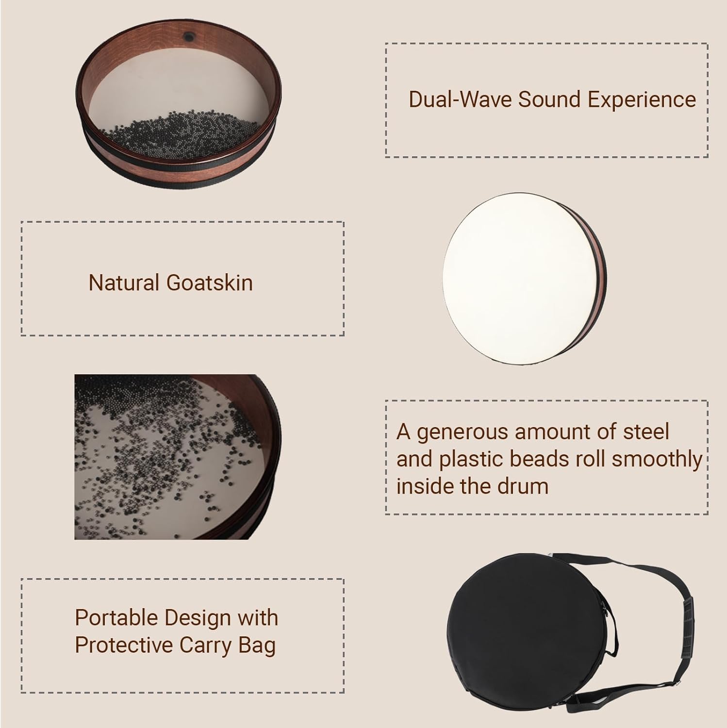 12 Inch Professional Ocean Wave Drum - Goatskin Drum with Steel Beads, Natural Sound Instrument for Meditation Relaxation Yoga, Includes Carry Bag(12in)