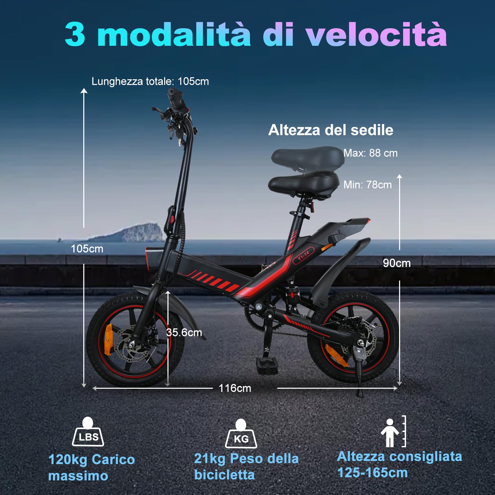 14“ Bicicleta eléctrica Plegable, 250W E Bike con Asistencia de Pedal, batería de 10,4Ah/36V, para Adolescentes y Adultos Bicicleta eléctrica de Ciudad, 3 Modos