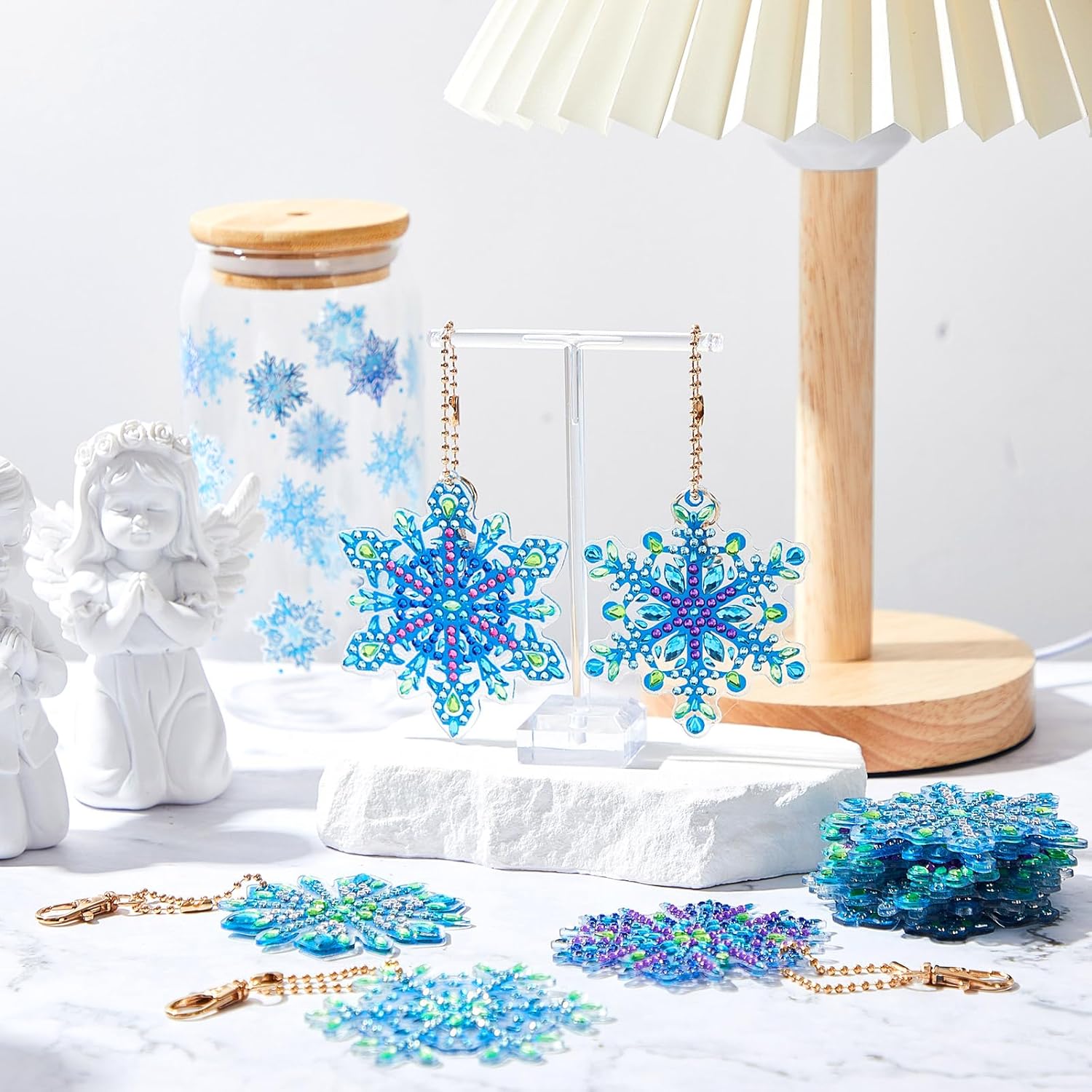 Equsion 50 Pcs Winter Snowflake Diamond Painting Keychains Kit Double Sided Christmas 5D DIY Diamond Art Keychains Hanging Ornament Key Ring Tags Blue Silver Rhinestone Pendant for Party Supplies