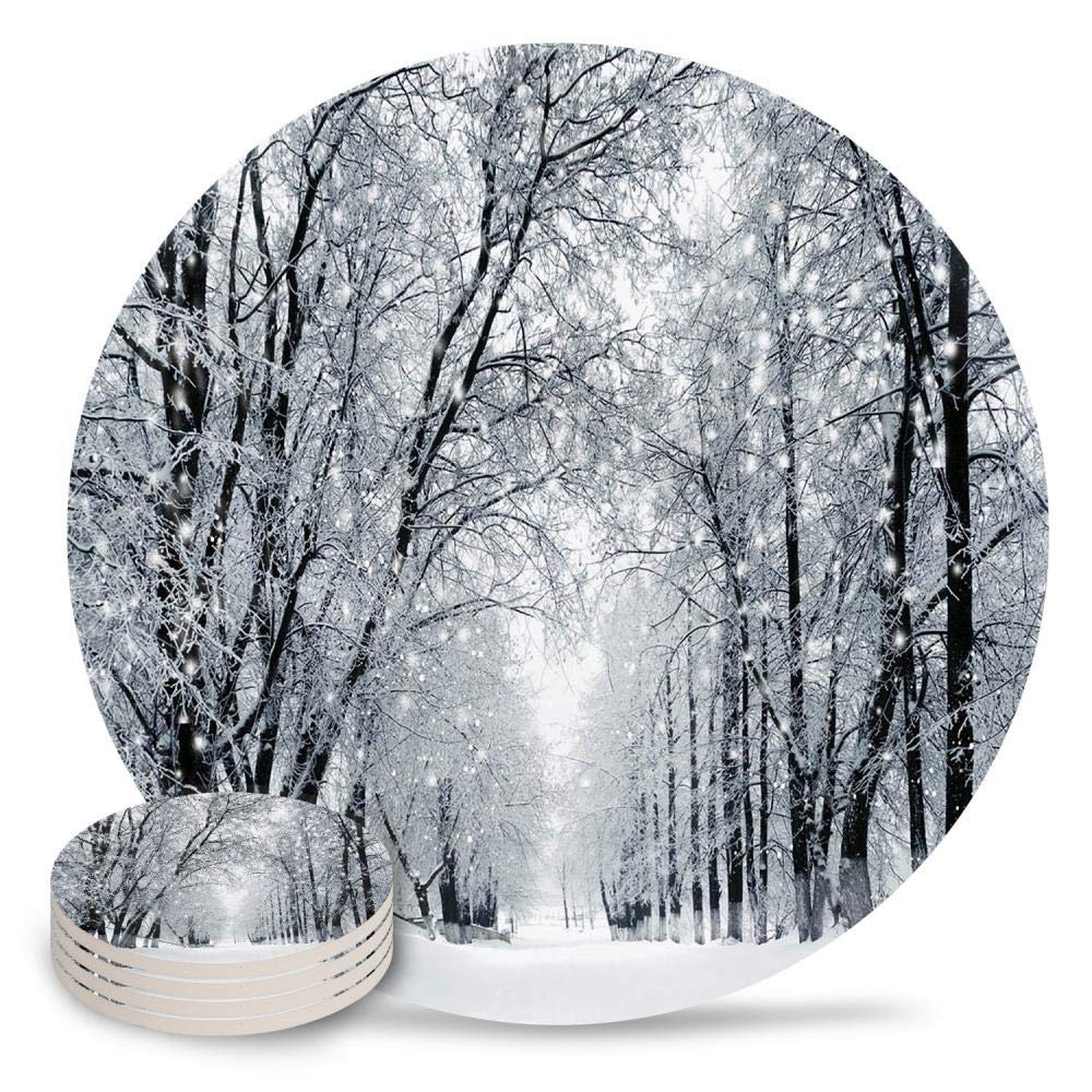 Cllym 4/6/8 PCS Forest Snow Winter Scenery Scenery Placemat Ceramic Drink Coasters Table Decoration Absorbent Moisture,6 PCS