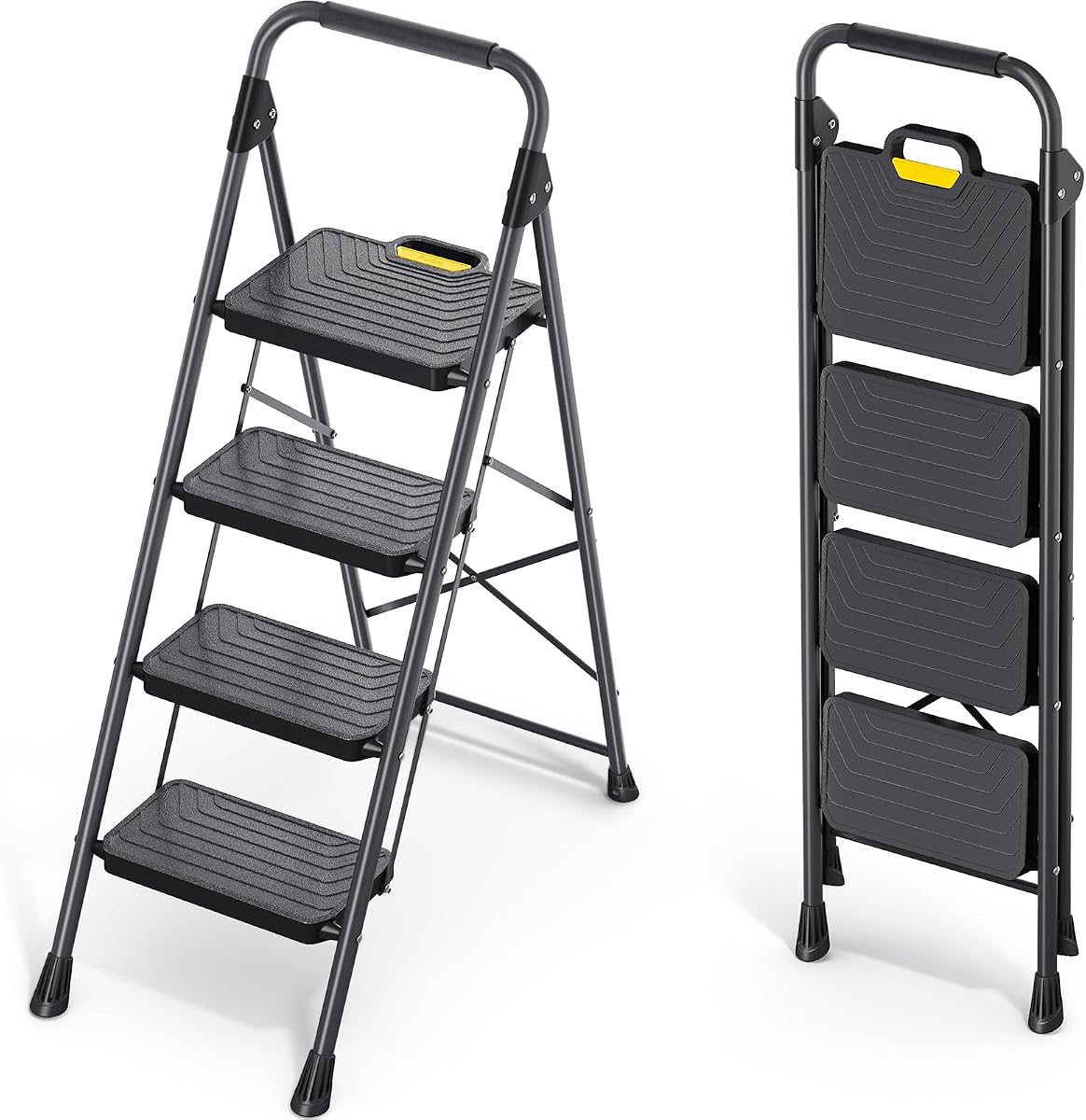 KINGRACK 4 Step Ladder, Sturdy Steel Step Stool with Anti-Slip Wide Pedals | Folding Ladder with Handrail, Safe-Lock Design, Pass 800lbs Load Testing, for Multi-Purpose, Home, Kitchen, Black
