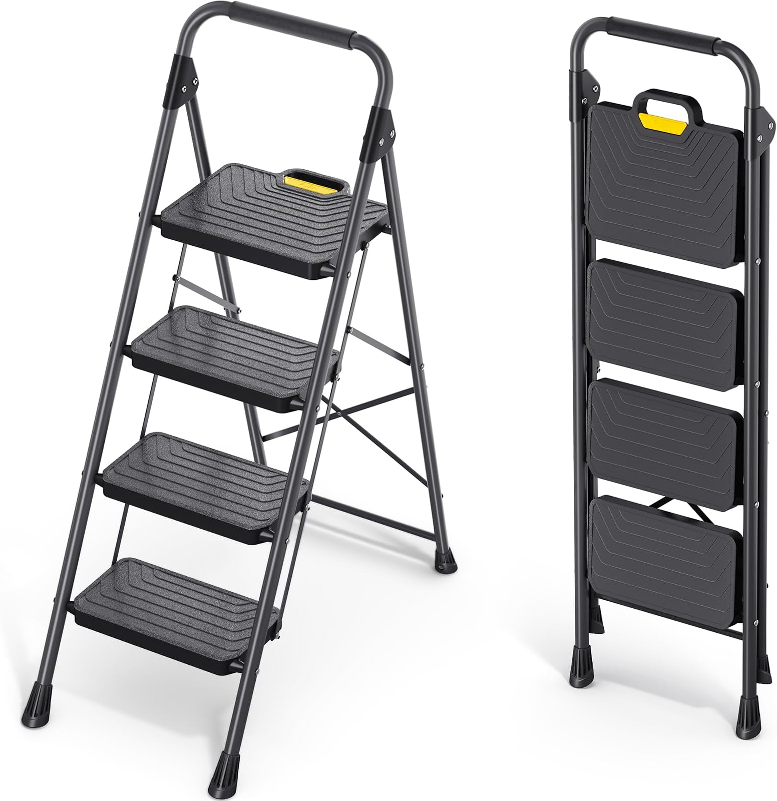 KINGRACK 4 Step Ladder, Foldable Step Stool with Anti-Slip Wide Pedals, Handrail, Safe-Lock Design, Pass 360kg Load Testing, Heavy Duty Portable Ladder for Multi-Purpose, Home, Kitchen, Black