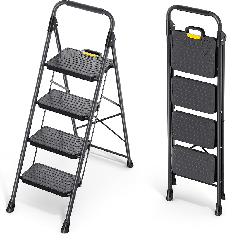 KINGRACK 4 Step Ladder, Sturdy Steel Step Stool with Anti-Slip Wide Pedals | Folding Ladder with Handrail, Safe-Lock Design, Pass 800lbs Load Testing, for Multi-Purpose, Home, Kitchen, Black
