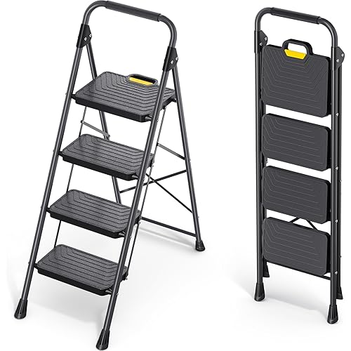 KINGRACK 4 Step Ladder, Sturdy Steel Step Stool with Anti-Slip Wide Pedals, Handrail, Safe-Lock Design, Pass 800lbs Load Testing, Folding Portable Ladder for Multi-Purpose, Home, Kitchen, Black