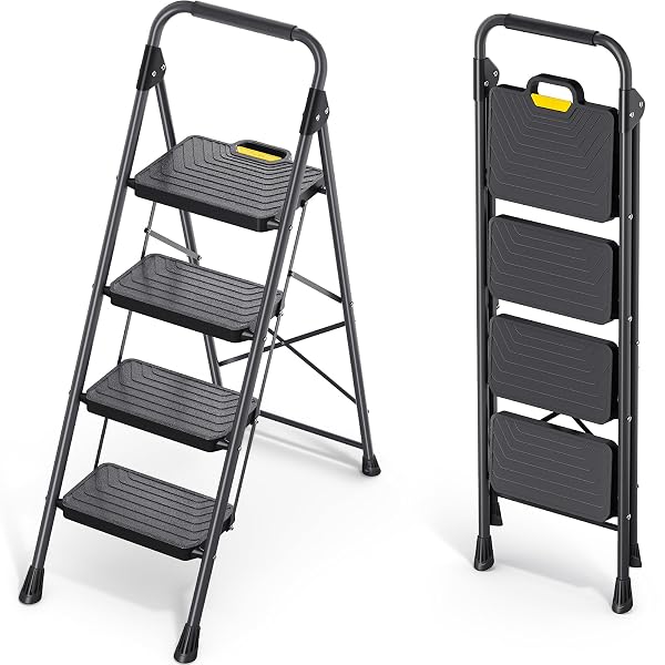 KINGRACK Trittleiter 4 Stufen Klappbar (bis 360 kg, breite Anti-Rutsch) Trittleiter