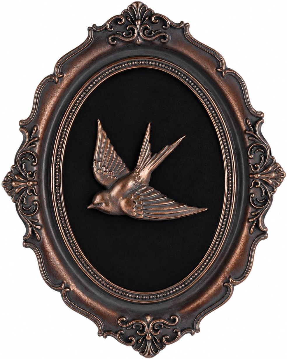 Vintage Wall Decor Art - 10" Antique Gold Resin Relief Sculpture,Victorian Style Framed Aesthetic Wall Hanging,Small Dark Moody Gothic Decor for Bedroom,Living Room & Hallway,Old Money Accent Piece (Swallow)