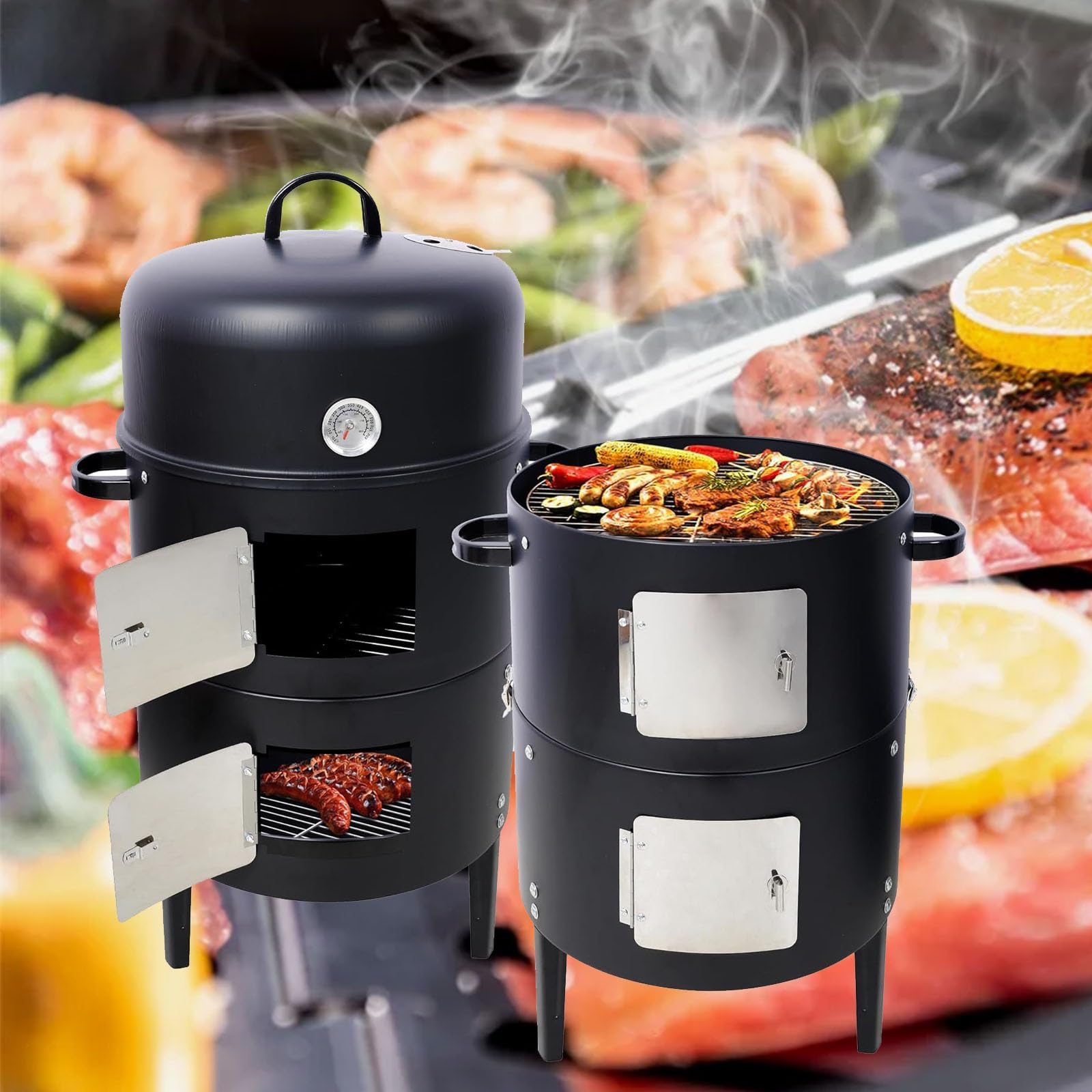 Barbecue e affumicatore in acciaio 3 in 1, barbecue verticale resistente da 15 pollici e affumicatore a carbone, perfetto per le riunioni di famiglia all'aperto.(B)
