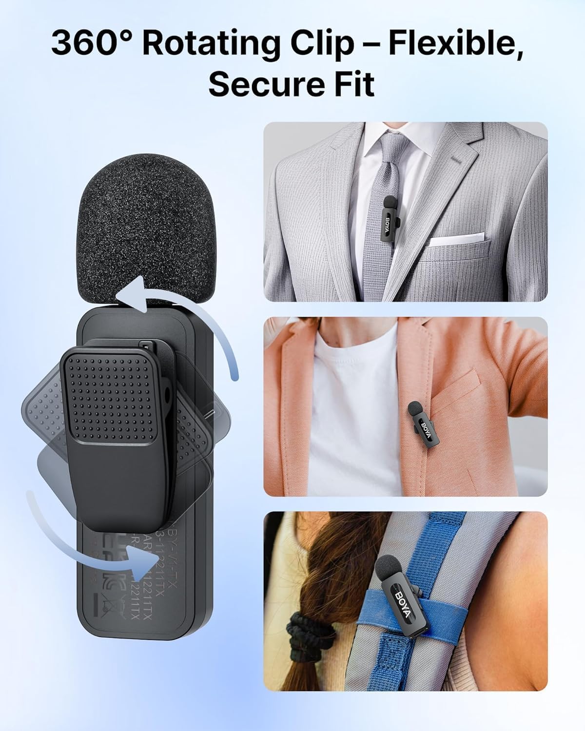 Images demonstrating various ways to clip the BOYA V3 Combo transmitter using its 360-degree rotating clip.
