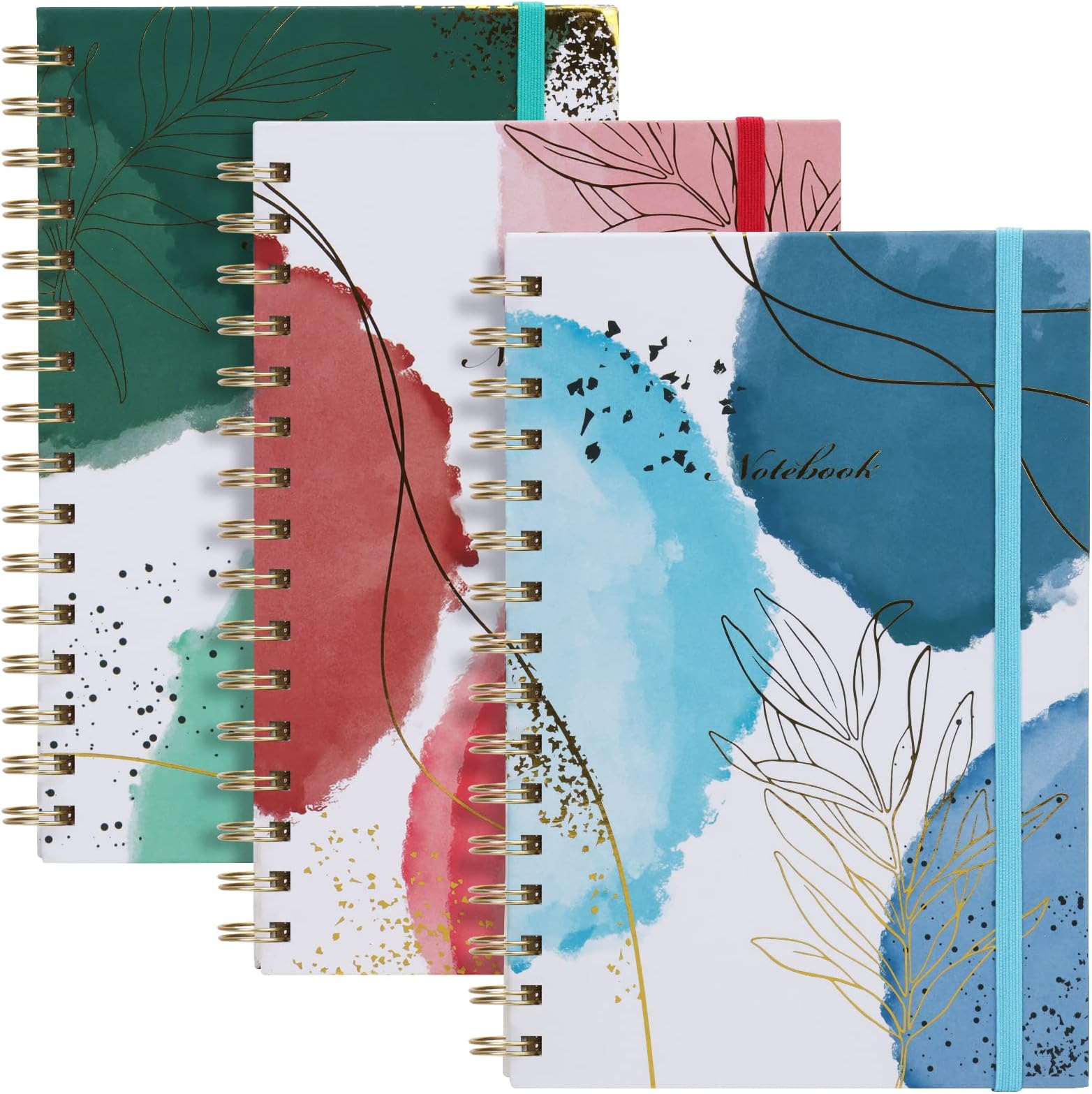 EOOUT Spiral Notebook Journals for Work, 3 Pack, A5 Size, 8.5x5.7 Inches, College Ruled Hardcover Spiral Journal, 160 Pages, 3 Watercolor Design Back Pocket, Office School Supplies Gifts