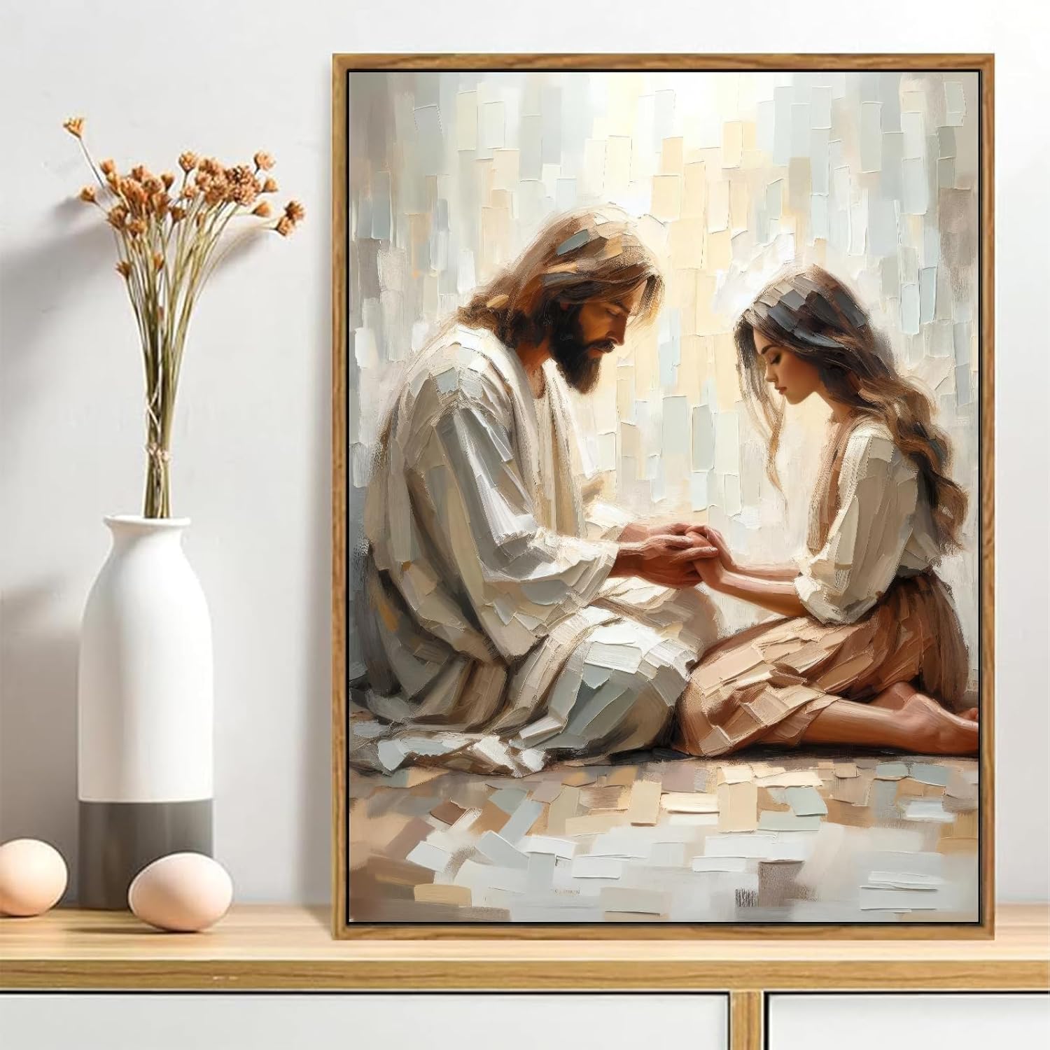 Jesus Wall Art Jesus and Woman Praying Painting Picture Wall Decor Christian Bible Story Poster Print Artwork for Living Room Bedroom Church Home Decoration 12x16in Frame