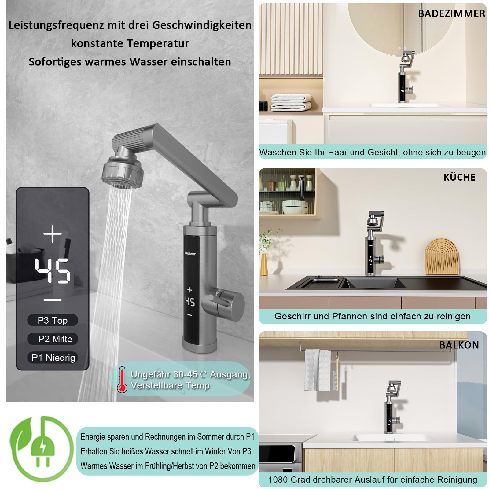 Wasserhahn mit Durchlauferhitzer für Küche, Bad, Edelstahl-Warmwasserhahn Versorgung Heiß- und Kaltwasserhahn mit Digitalanzeige, 230v Elektrische Wasserhahn (Mechanischer Auslauf)
