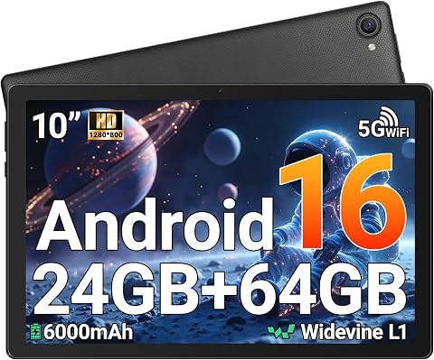Gleeso Tablet 10 pollici Android 16, Face ID, OTG, 24GB+64GB+1TB Espansione, 1280 * 800 IPS, WiFi 6, BT5.4, Doppia Fotocamera 5MP+8MP, 6000mAh, Widevine L1 (Nero)