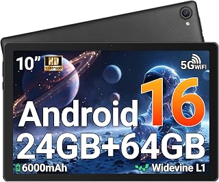 Tablet 10 Inch Android 16 Tablet, 24GB RAM 64 GB ROM 1 TB Expand, 6000 mAh Battery, Dual Camera, 1280x800 IPS HD Touchscreen, Widevine L1, WiFi 6, BT5.4 Tablet for Work & Entertainment