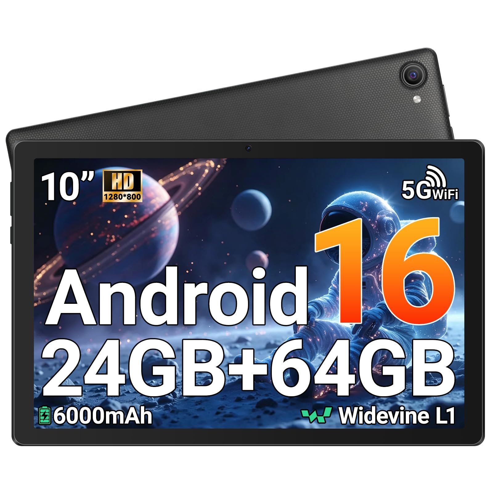 Gleeso Tablette 10 Pouces Android 16, 24Go+64Go, 6000mAh, Widevine L1(Noir)