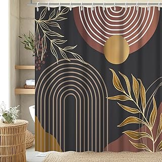 Terracotta Boho Shower Curtain, Mid Century Abstract Black and Gold Shower Curtain Set with Hooks Modern Minimalist Sun Arch Brown Bathroom Decor, 72x72 inch