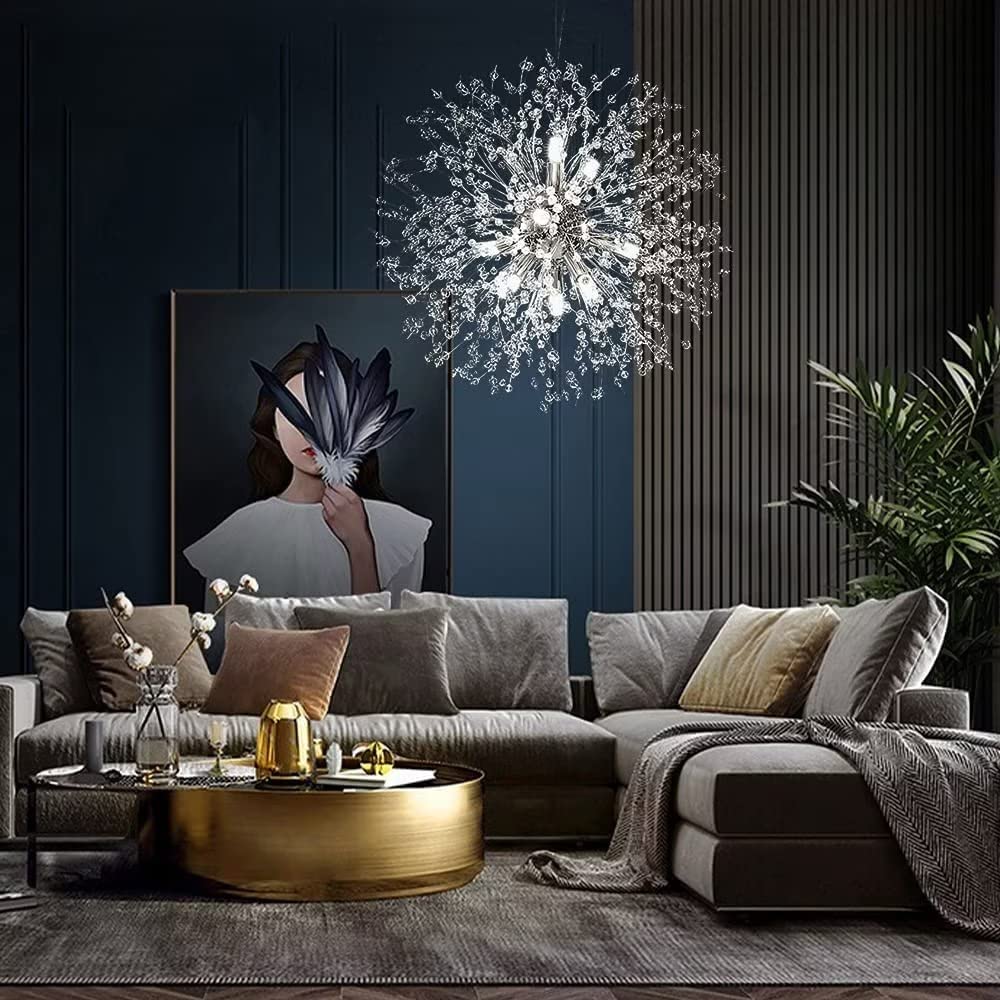 Lampadario di cristallo, dente di leone d'argento, lampadario a 9 luci con fuoco d'artificio per soggiorno, sala da pranzo, isola della cucina, lampadina G9 inclusa