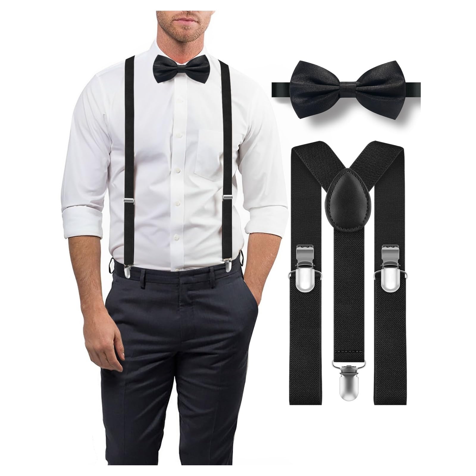 Tirantes para Pantalones Hombre Juego de 6 Tirantes con Pajarita for Hombre, Ajustables, elásticos, de 1 Pulgada, en Forma de Y con Clips, Tirantes Anchos en Forma de Y.(Pink)