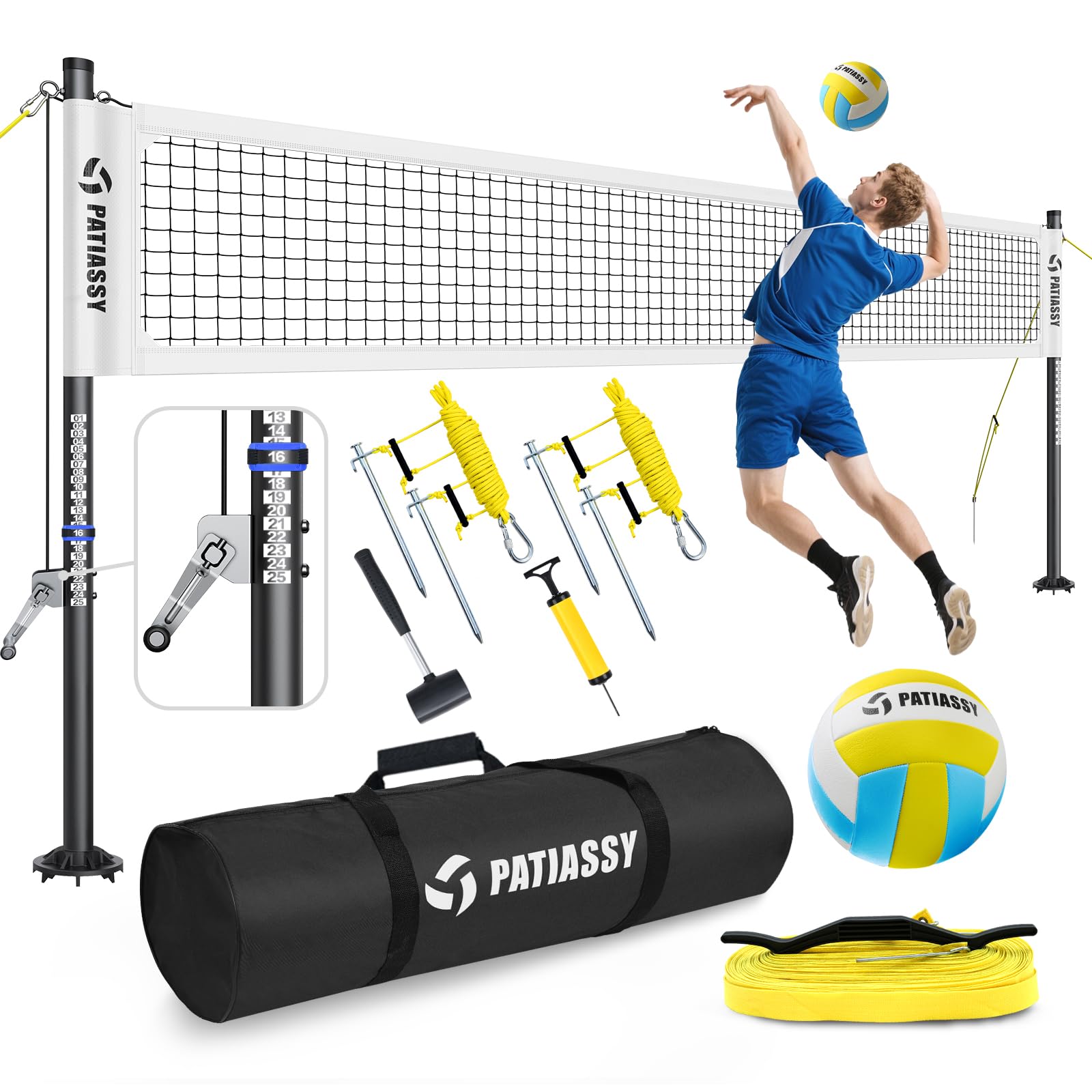 Patiassy Heavy Duty Professional Volleyball Net Set for Backyard & Beach, 32-Ply Reinforced Net with Steel Anti-Sag Winch, Height-Adjustable Rust-Proof Aluminum Poles & Portable Carry Bag